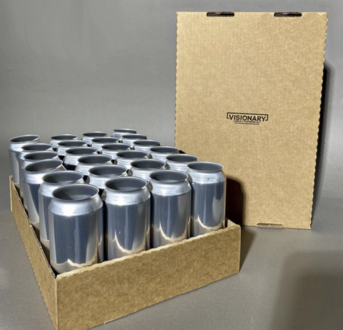 Transparent cans in a Visionary cardboard box